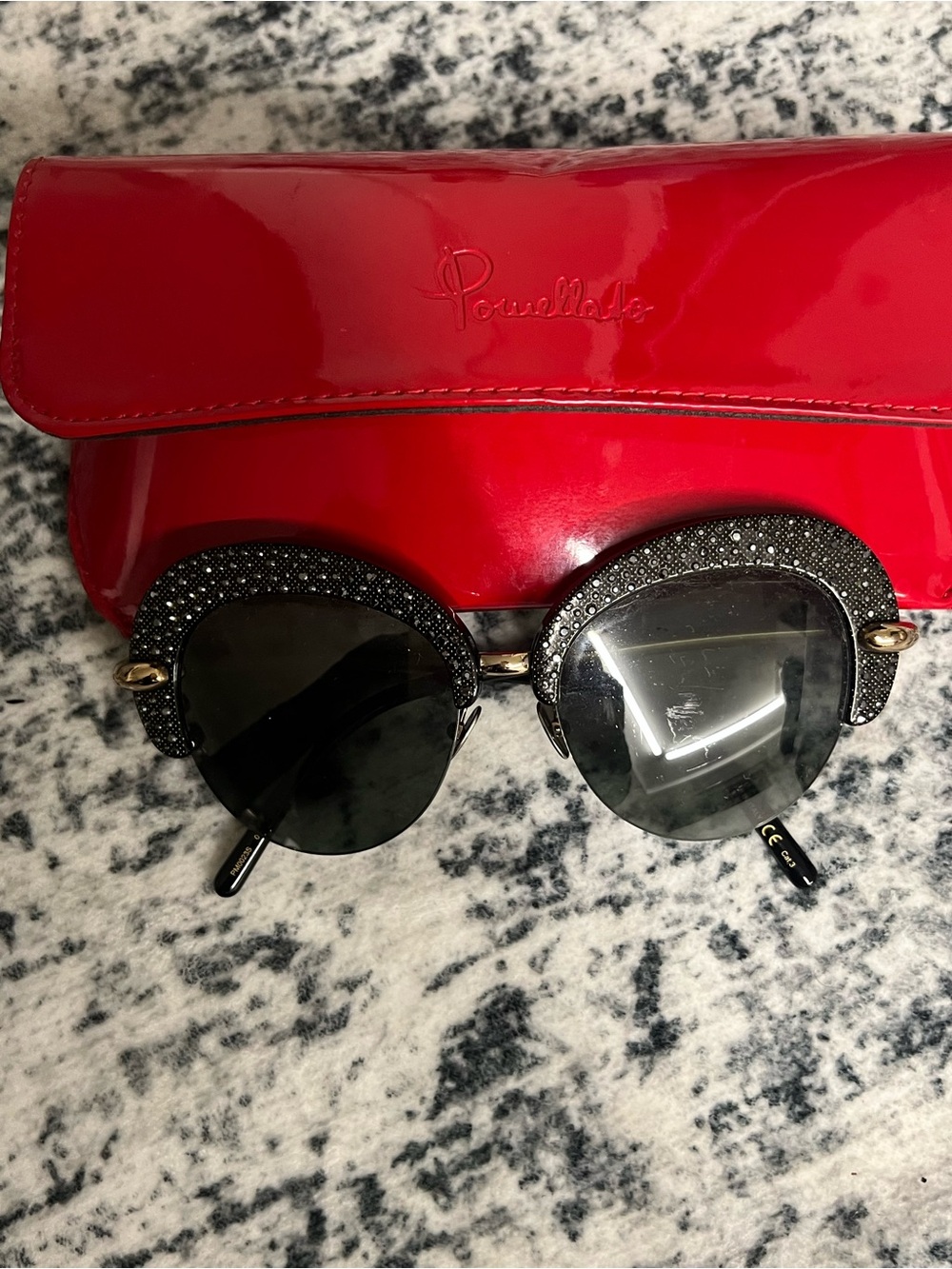 Pomellato Red Patent Case with Black Crystal-Embellished Sunglasses